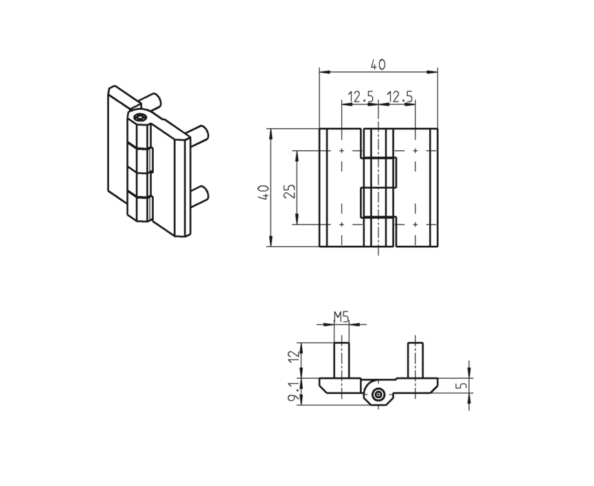 Cabinet hinge, die-cast zinc, prominent door - visible, fixed pin, L=40, B=40, H=9,1