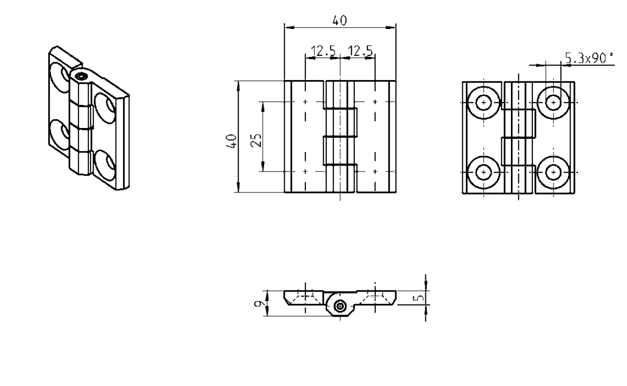 Cabinet Hinge, polyamide, prominent door - visible, fixed pin, L=40, B=40, H=9