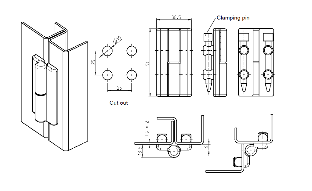 Cabinet Hinge, die-cast zinc, prominent door - visible, lift off pin, L=70, B=36,5, H=13,5