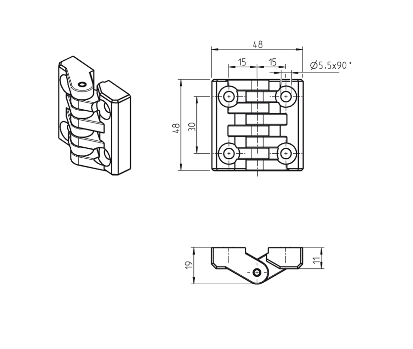 Cabinet hinge, glass fiber reinforced polyamide, prominent door - visible, fixed pin, L=48, B=48, H=19