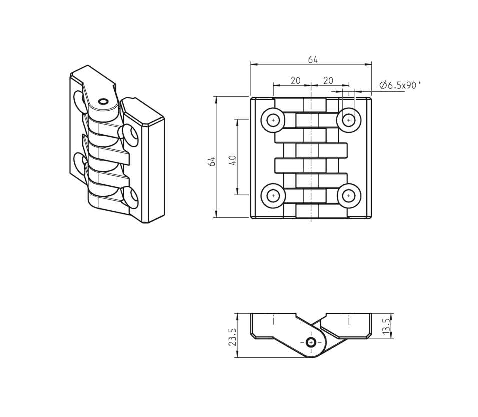 Cabinet hinge, glass fiber reinforced polyamide, prominent door - visible, fixed pin, L=64, B=64, H=23,5
