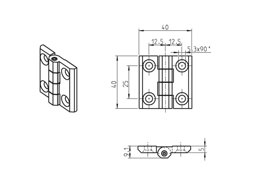 Cabinet hinge, glass fiber reinforced polyamide, prominent door - visible, fixed pin, L=40, B=40, H=9,1