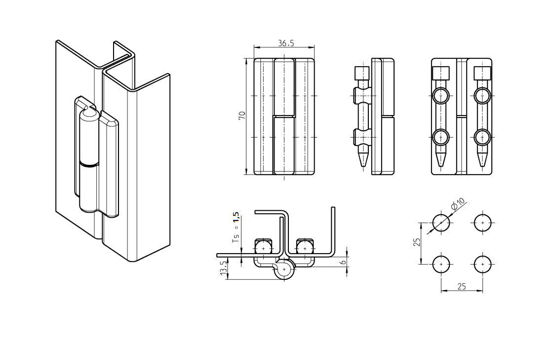 Cabinet hinge, right, glass fiber reinforced polyamide, prominent door - visible, lift off pin, L=70, B=36,5, H=13,5