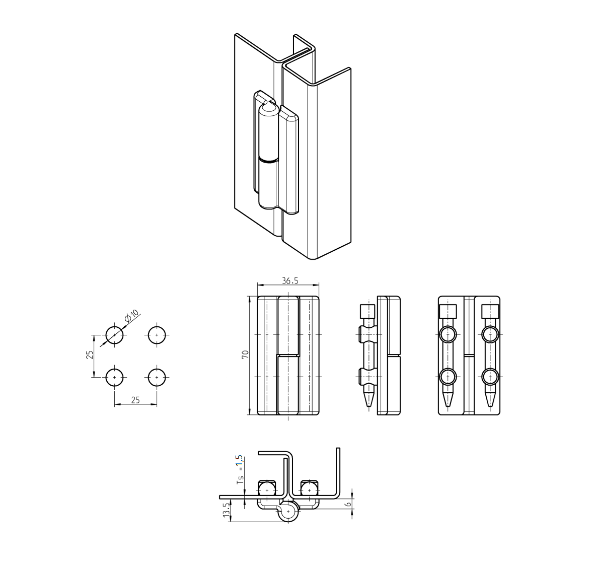 Cabinet hinge, left, glass fiber reinforced polyamide, prominent door - visible, lift off pin, L=70, B=36,5, H=13,5