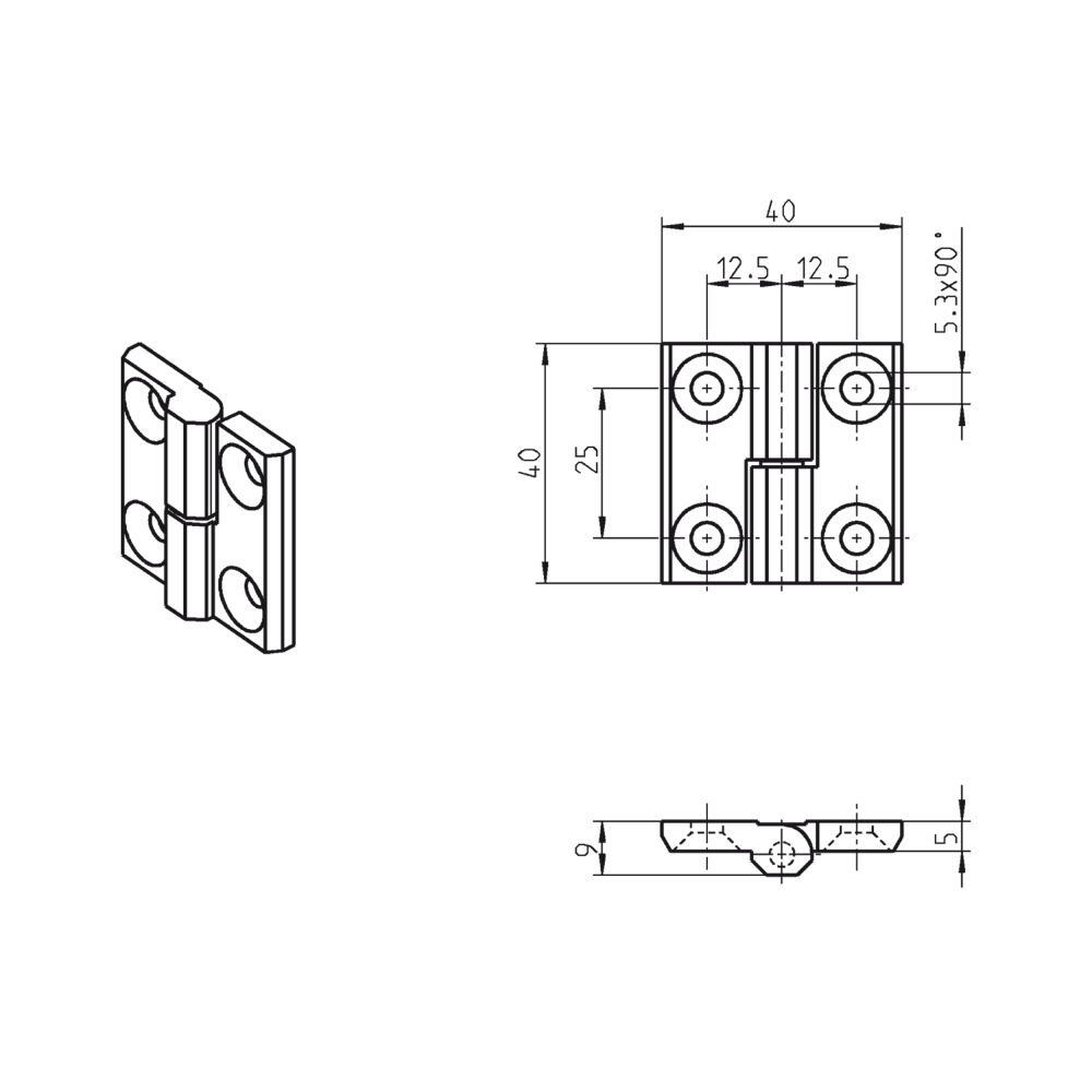 Cabinet hinge, acid proof steel, prominent door - visible, lift off pin, L=40, B=40, H=9