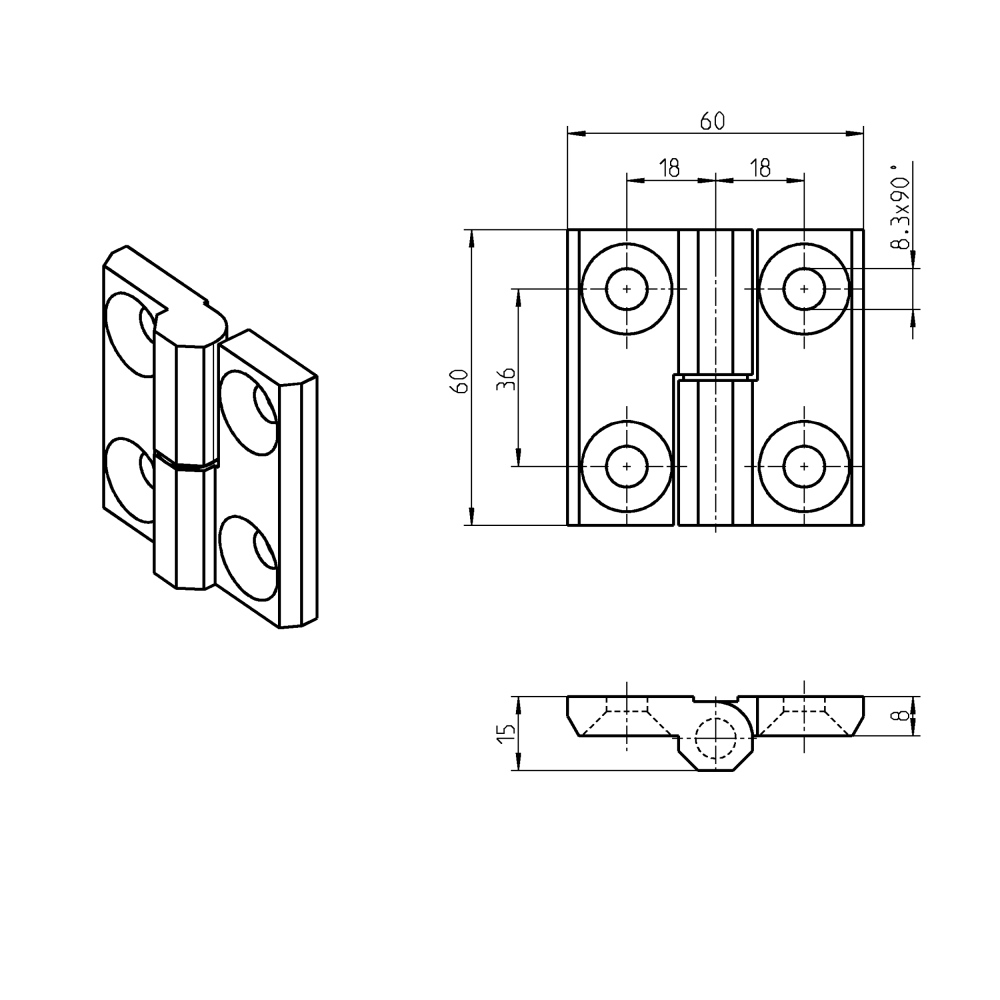Cabinet hinge, left, die-cast zinc, prominent door - visible, lift off pin, L=60, B=60, H=15