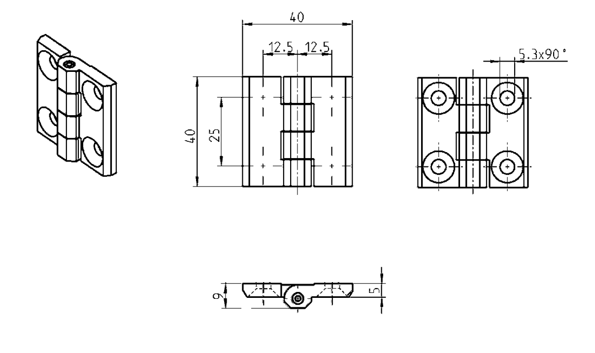 Cabinet Hinge, acid proof stainless steel, prominent door - visible, fixed pin, L=40, B=40, H=9