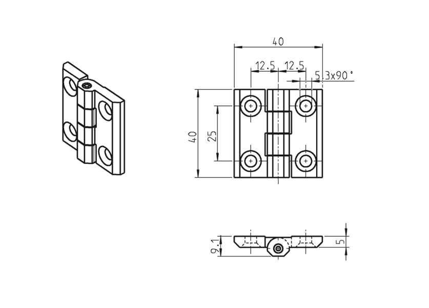 Cabinet hinge, acid proof steel, prominent door - visible, fixed pin, L=40, B=40, H=9,1