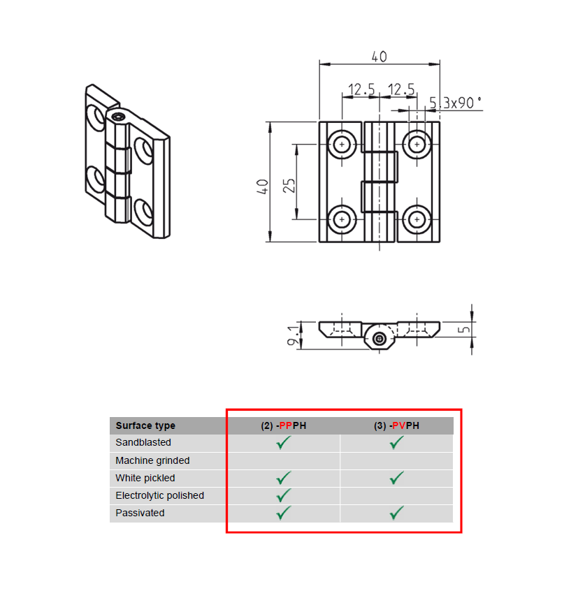 Cabinet Hinge, acid proof stainless steel, prominent door - visible, fixed pin, L=40, B=40, H=9