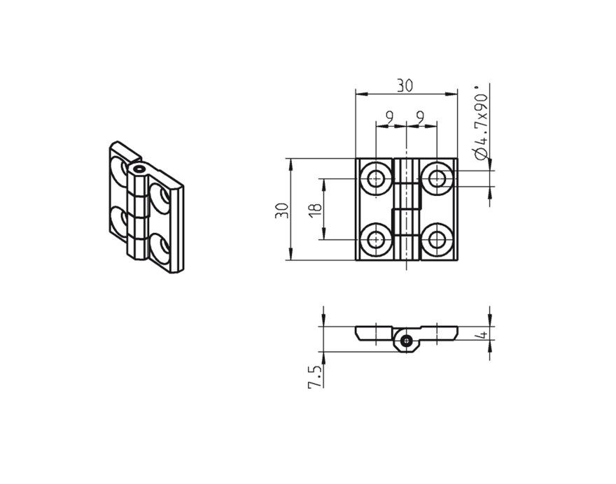 Cabinet hinge, die-cast zinc, prominent door - visible, fixed pin, L=30, B=30, H=7,5