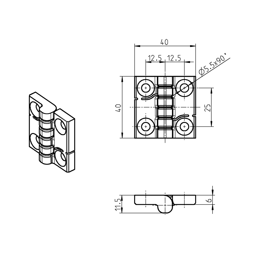 Cabinet hinge, glass fiber reinforced polyamide, prominent door - visible, fixed pin, L=40, B=40, H=11,5