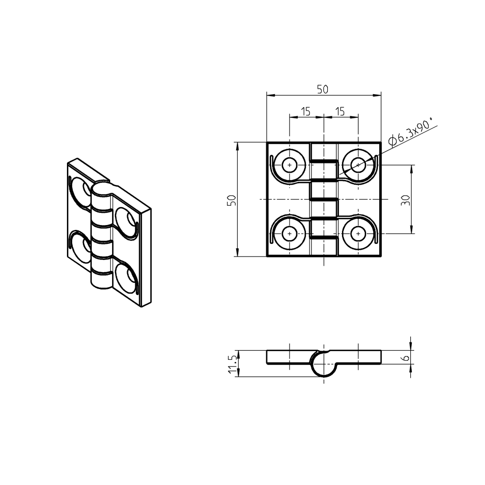Cabinet hinge, glass fiber reinforced polyamide, prominent door - visible, fixed pin, L=50, B=50, H=11,5