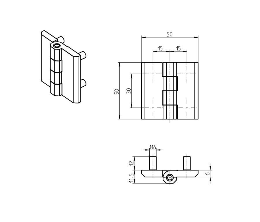 Cabinet hinge, die-cast zinc, prominent door - visible, fixed pin, L=50, B=50, H=11,5