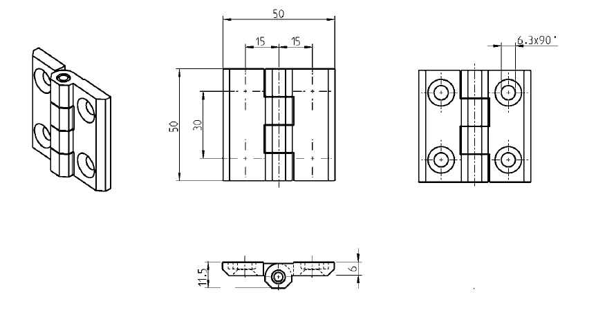 Cabinet Hinge, die-cast zinc, prominent door - visible, fixed pin, L=50, B=50, H=11,5