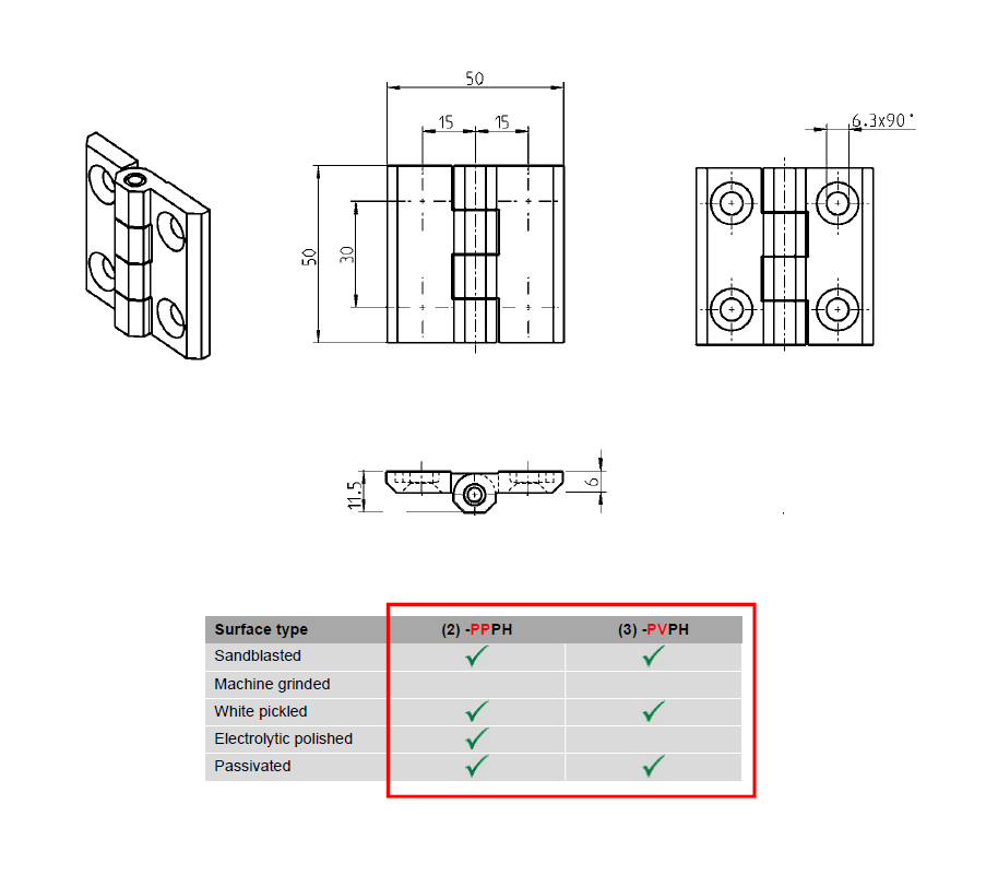 Cabinet Hinge, acid proof stainless steel, prominent door - visible, fixed pin, L=50, B=50, H=11,5