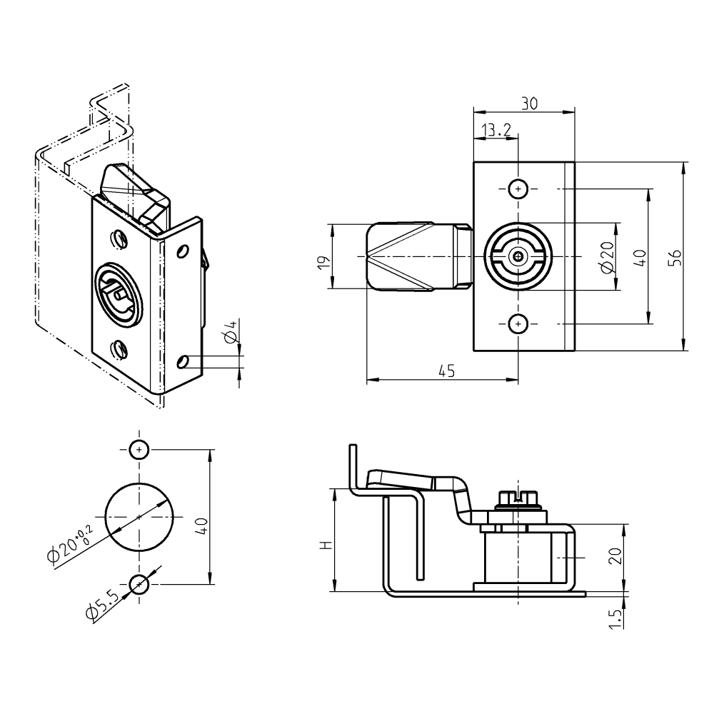 Housing, standard, steel, D=20, GH=20, plate thickness=1,5 mm