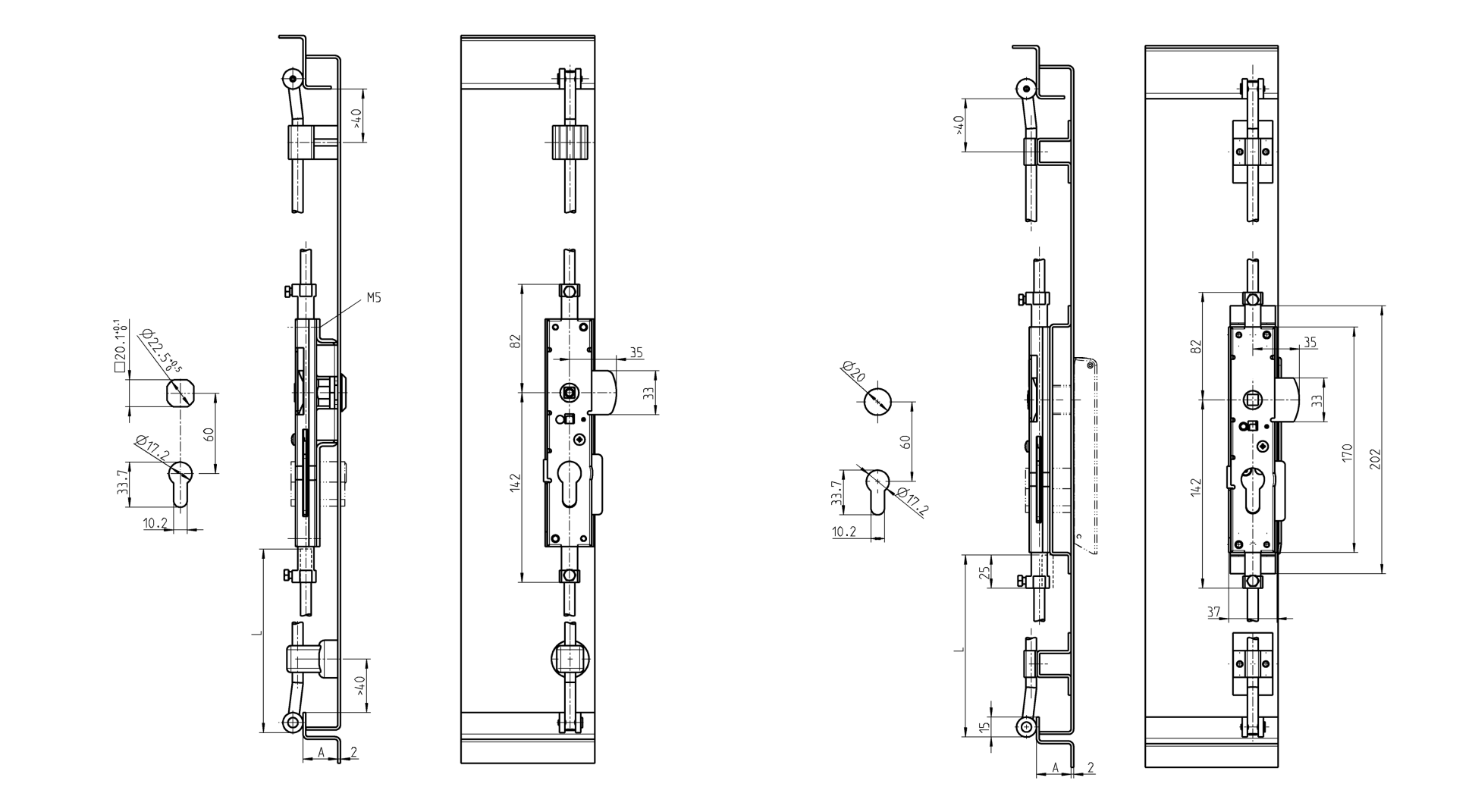Lock, steel, universal, L=224, D=8, A-dimension=20 og 26