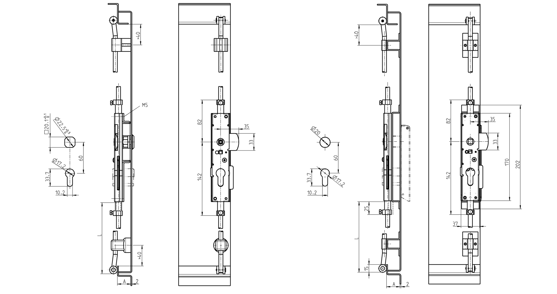 Lock, steel, universal, L=224, D=8, A-dimension=20 og 26