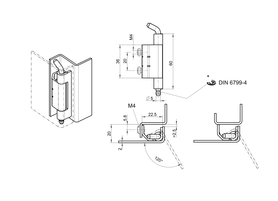 Cabinet hinge, steel, flush door - concealed, loose pin, L=60, B=22,5, H=20