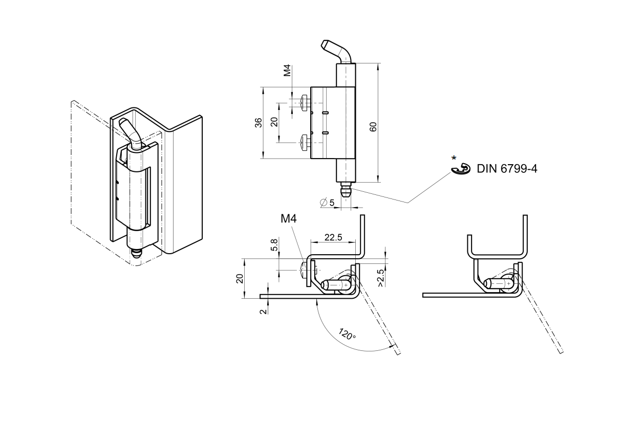 Cabinet hinge, steel, electro zinc plated, flush door - concealed, loose pin, L=60, B=22,5, H=20