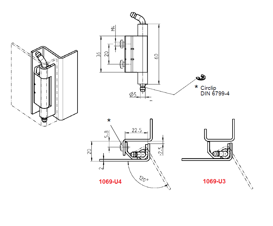 Cabinet Hinge, stainless steel, flush door - concealed, loose pin, L=60, B=22,5, H=20