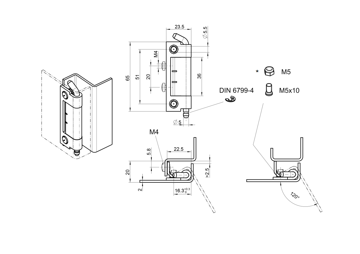 Cabinet hinge, steel, flush door - concealed, loose pin, L=65, B=22,5, H=20