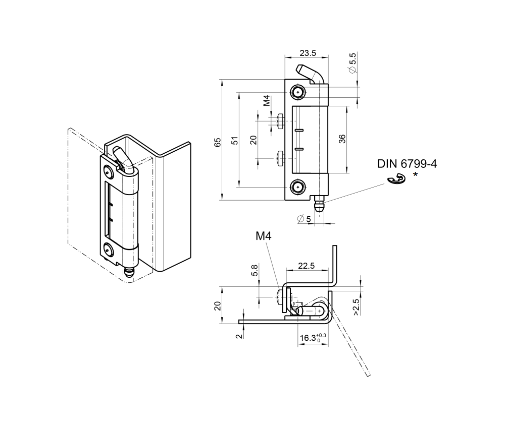 Cabinet hinge, steel, flush door - concealed, loose pin, L=65, B=23,5, H=20