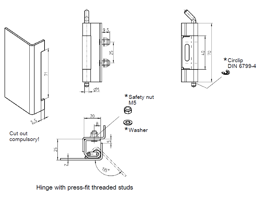 Cabinet Hinge, steel, flush door - concealed, loose pin, L=70, B=20, H=25