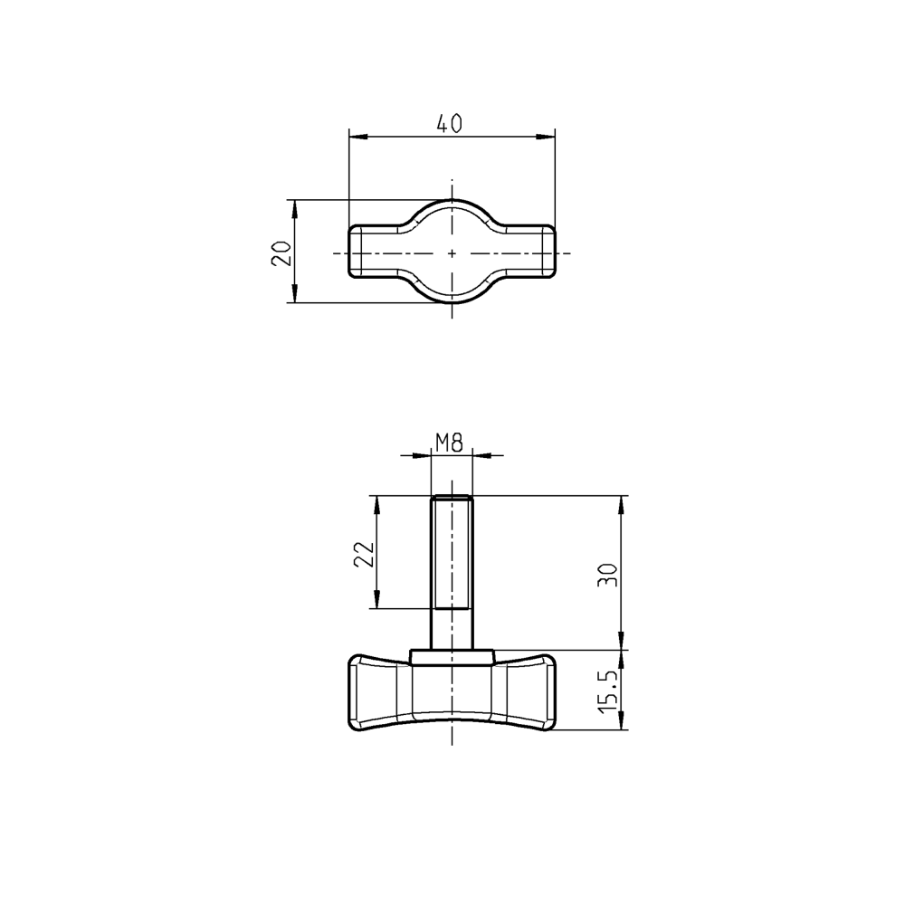 Wing handle for bridge clamp, steel, length=40, width=20, height=45,5