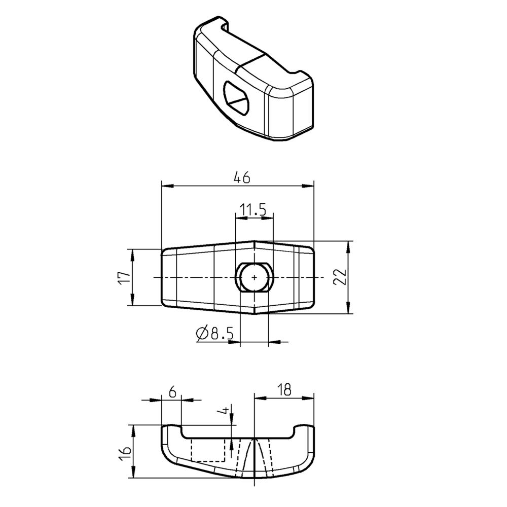 Bridge clamp, glass fiber reinforced polyamide, length=46, width=22, height=16