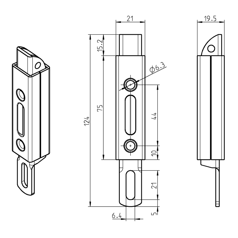 Slam lock, steel, screw mounting, length=124, width=21, height=19,5