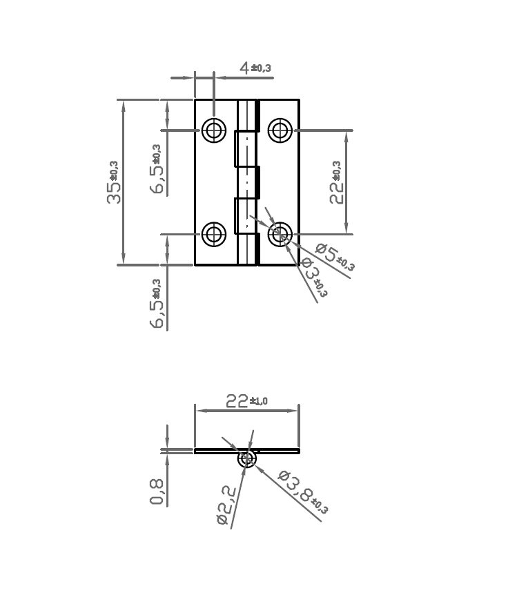 Butt hinge w/holes, stainless steel, L=35, B=22, T=0,8