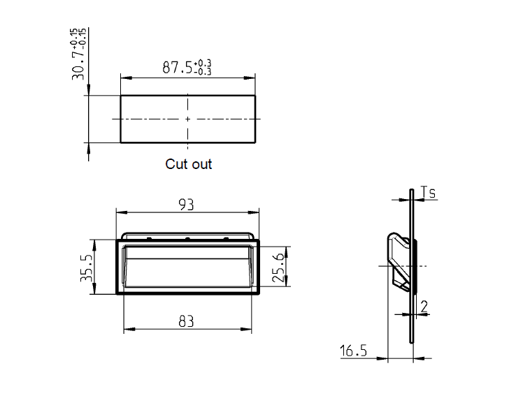 Flush Handles, snap-in, glass fiber reinforced polyamide, H= 35,5mm, B= 93mm, Ts= 0,8-1,2mm