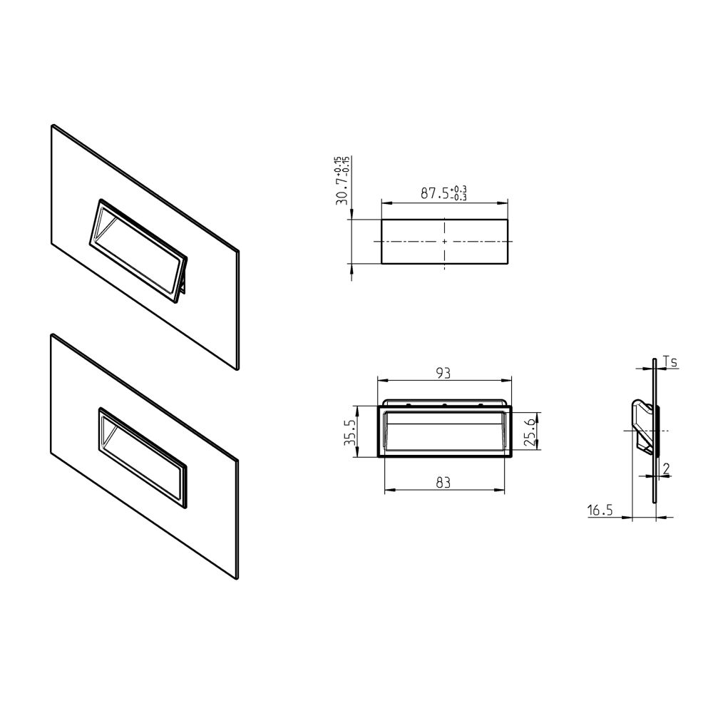 Flush Handles, snap-in, glass fiber reinforced polyamide, H= 35,5mm, B= 93mm, Ts= 1,2-1,6mm