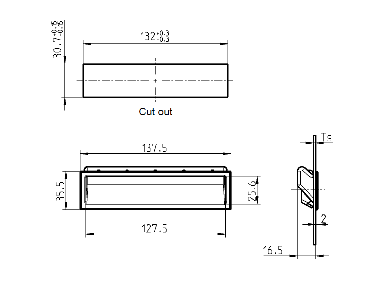 Flush Handles, snap-in, glass fiber reinforced polyamide, H= 35,5mm, B= 137,5mm, Ts= 0,8-1,2mm