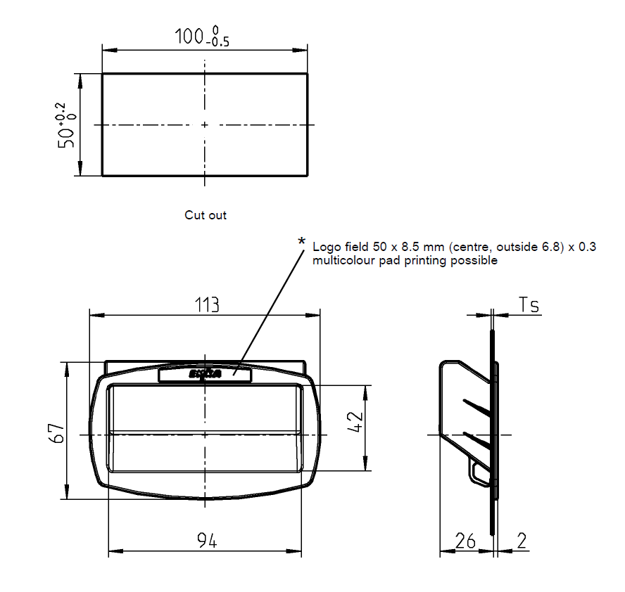 Flush Handles, snap-in, polyamide, H= 67mm, B= 113mm, Ts= 0,8-1,2mm