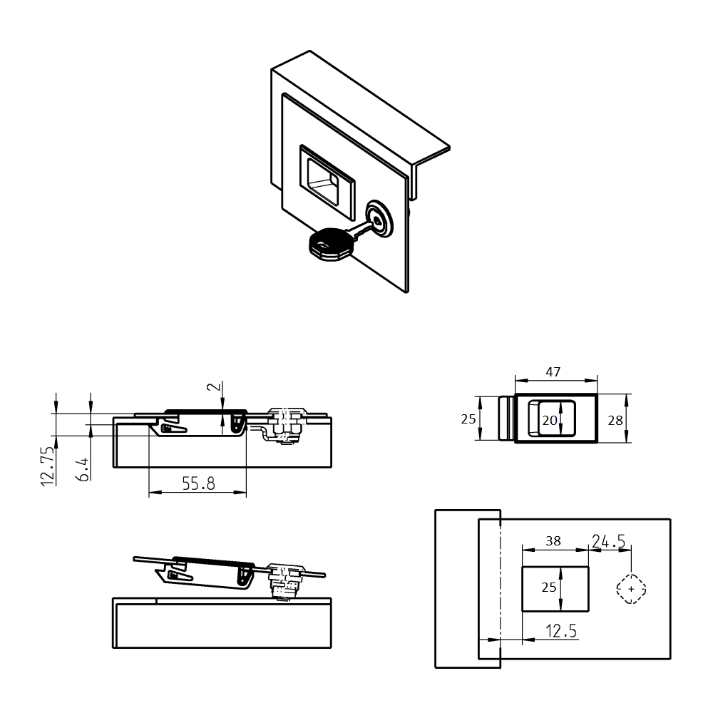 Slam lock, pom plastic, snap-in, length=28, width=55,8, height=14,75