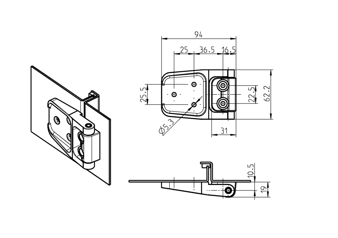Cabinet hinge, glass fiber reinforced polyamide, prominent door - visible, fixed pin, L=62,2, B=94, H=19