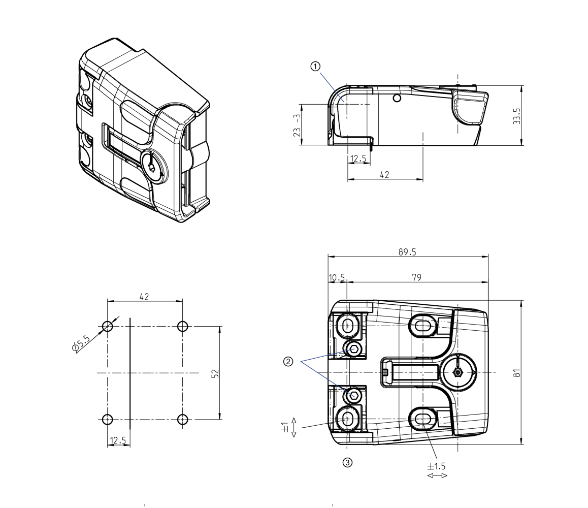 Cabinet hinge, glass fiber reinforced polyamide, prominent door - visible, lift off pin, L=81, B=89,5, H=33,5