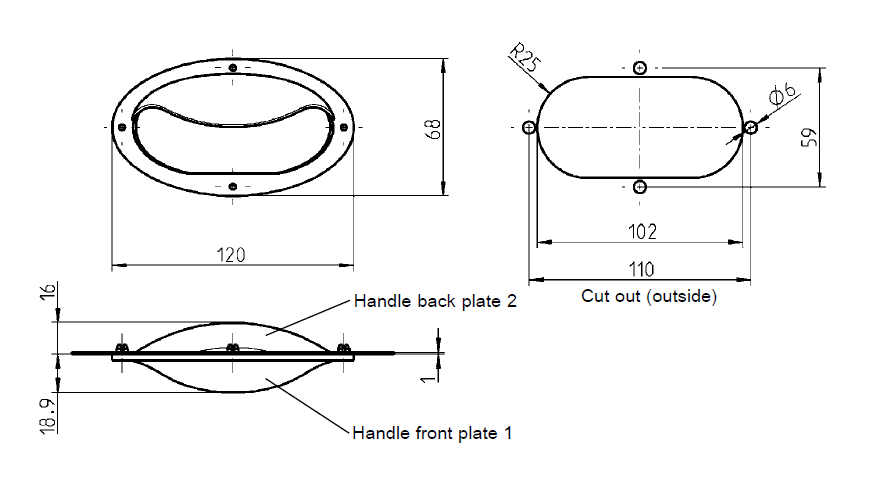Flush Handles, screw mounting, polyamide, H= 68mm, B= 120mm