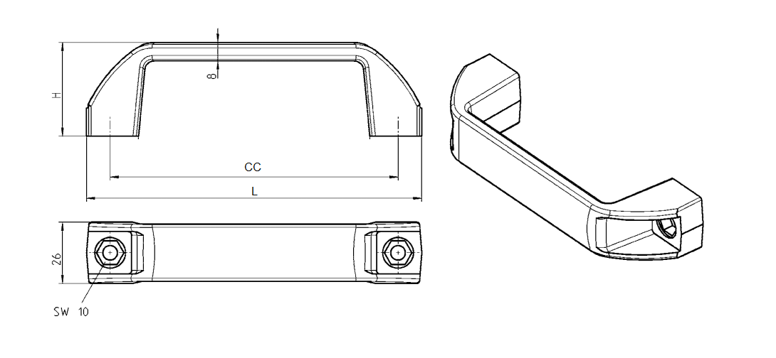 Bridge handle, glass fiber reinforced polyamide, L=142, B= 26, H= 40