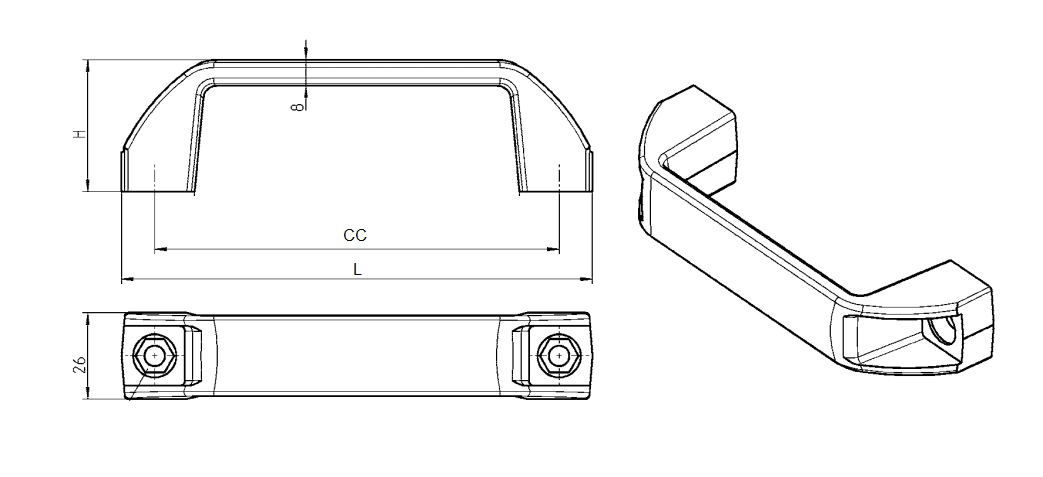 Bridge handle, glass fiber reinforced polyamide, L=142, B= 26, H= 40