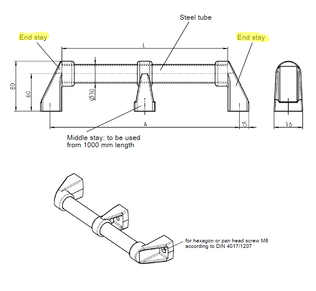 Tube stay, glass fiber reinforced polyamide, B=46 mm, H= 80 mm and D= 30 mm