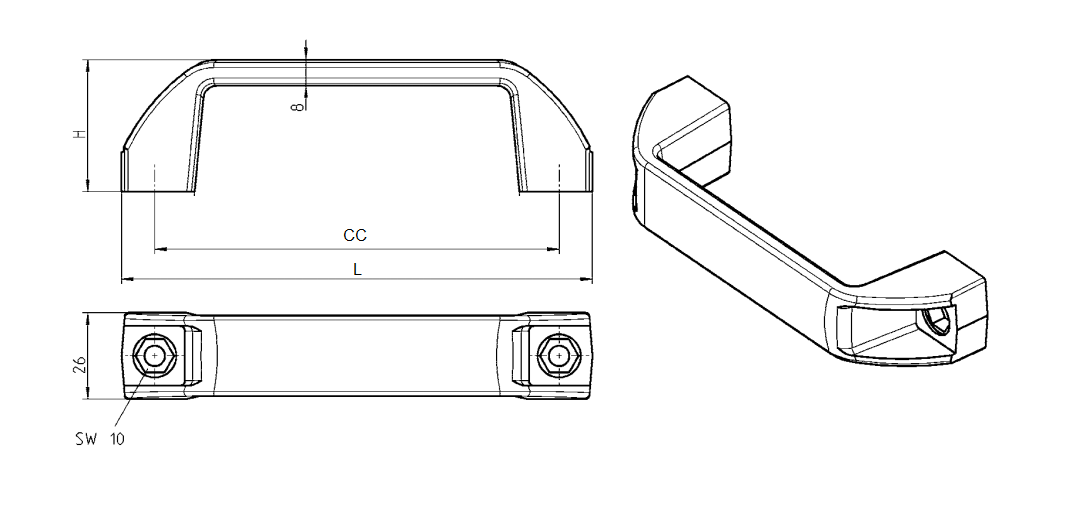 Bridge handle, glass fiber reinforced polyamide, L=167, B= 26, H= 53,5
