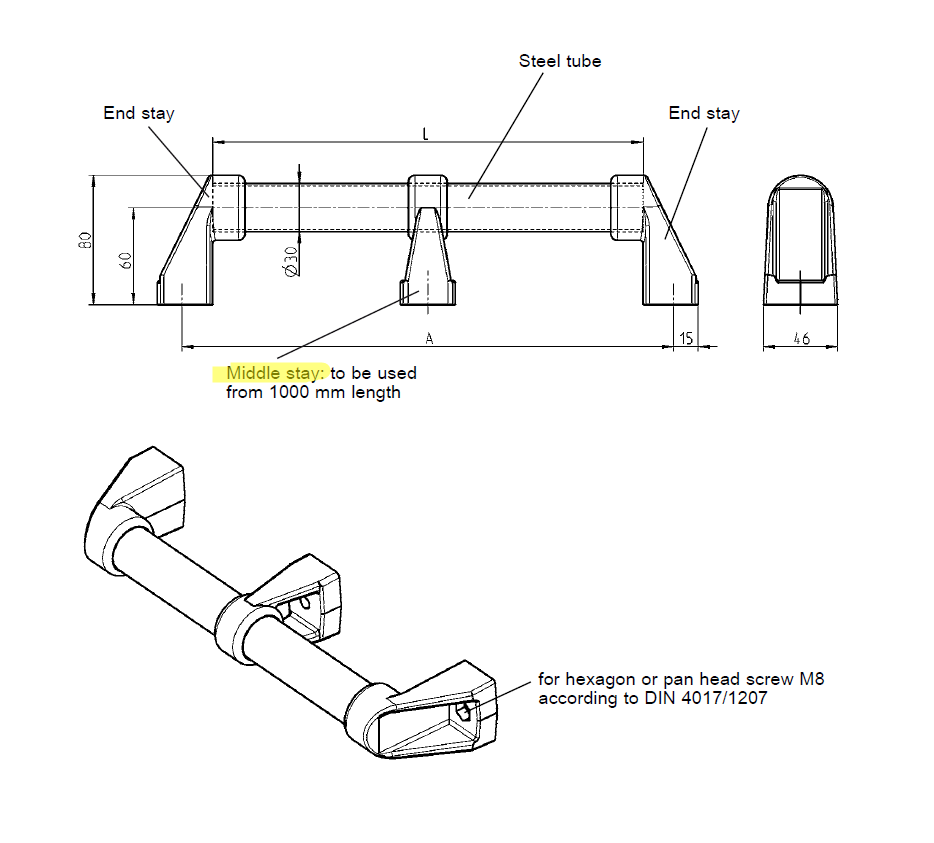 Tube stay, glass fiber reinforced polyamide, B=46 mm, H= 80 mm and D= 30 mm