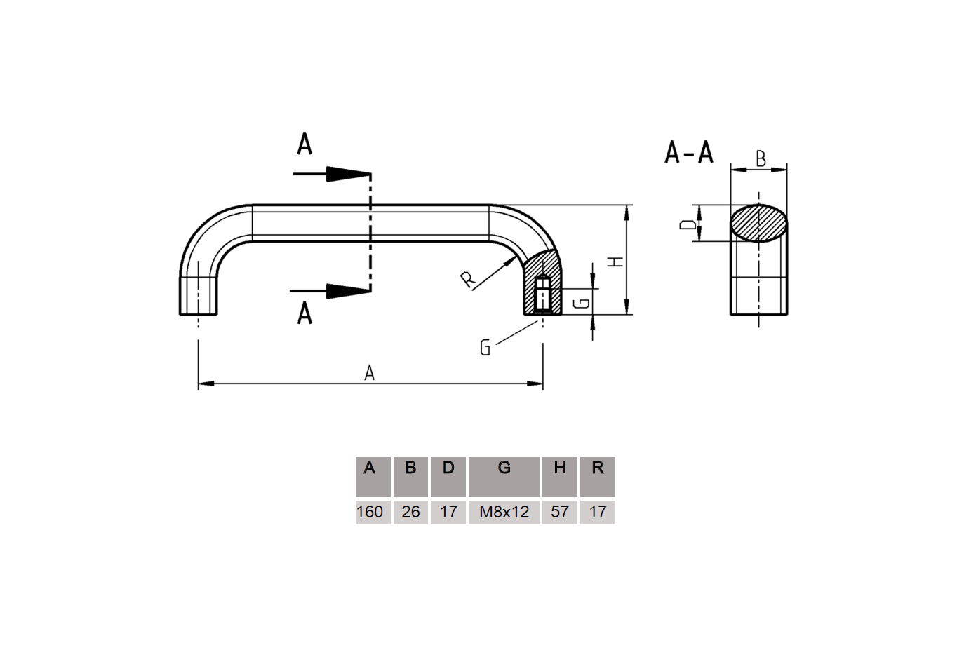 Bridge handle, aluminium, L=177, B=26, H=57