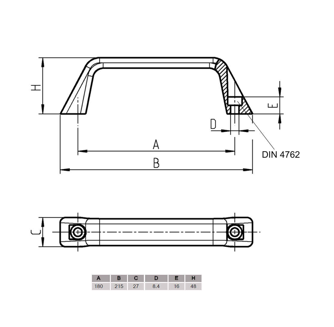 Bridge handle, aluminium, L=215, B=27, H=48