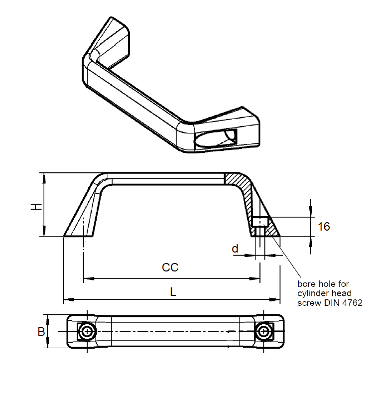 Bridge handle, aluminium, L=215, B= 27, H= 48