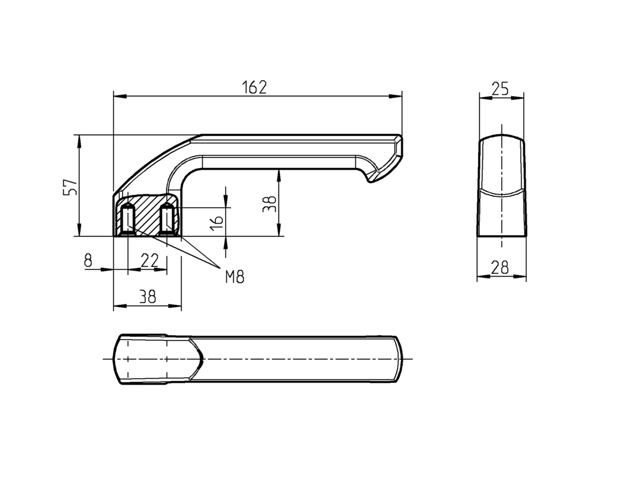 Bridge handle, aluminium, L=162, B=28, H=57