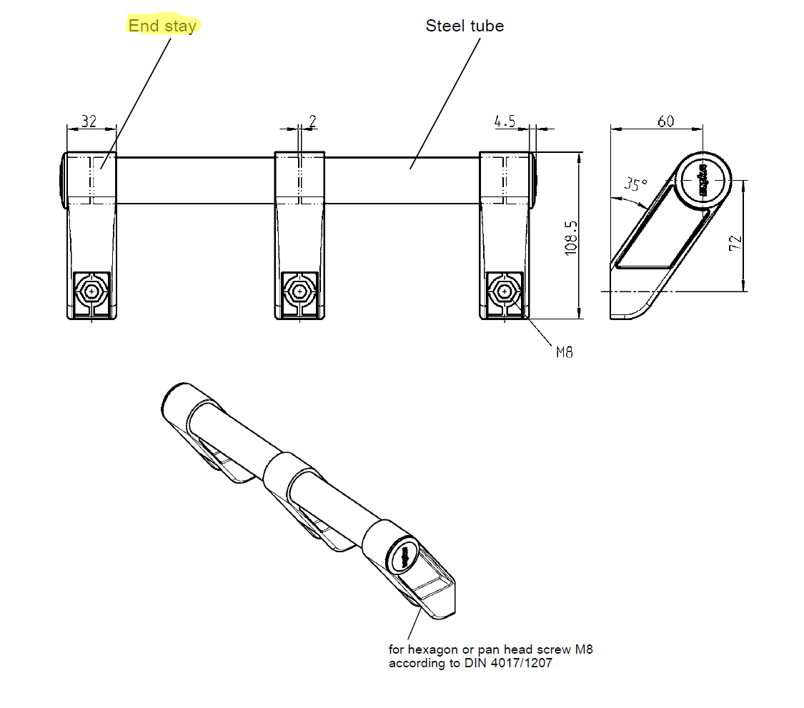 Tube stay, polypropylene, B=32 mm, H= 108,5 mm and D= 30 mm